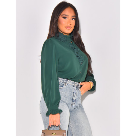 voile shirt with floral embroidery on collar