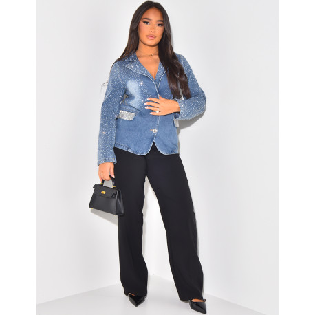Washed jeans blazer with rhinestones