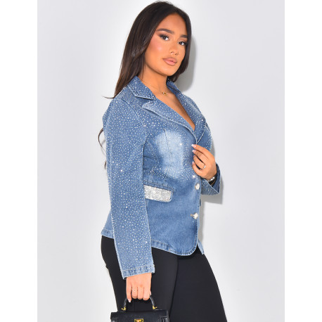Washed jeans blazer with rhinestones