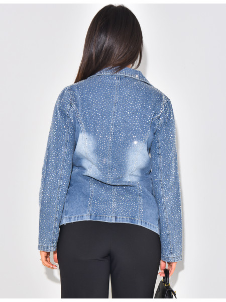 Washed jeans blazer with rhinestones