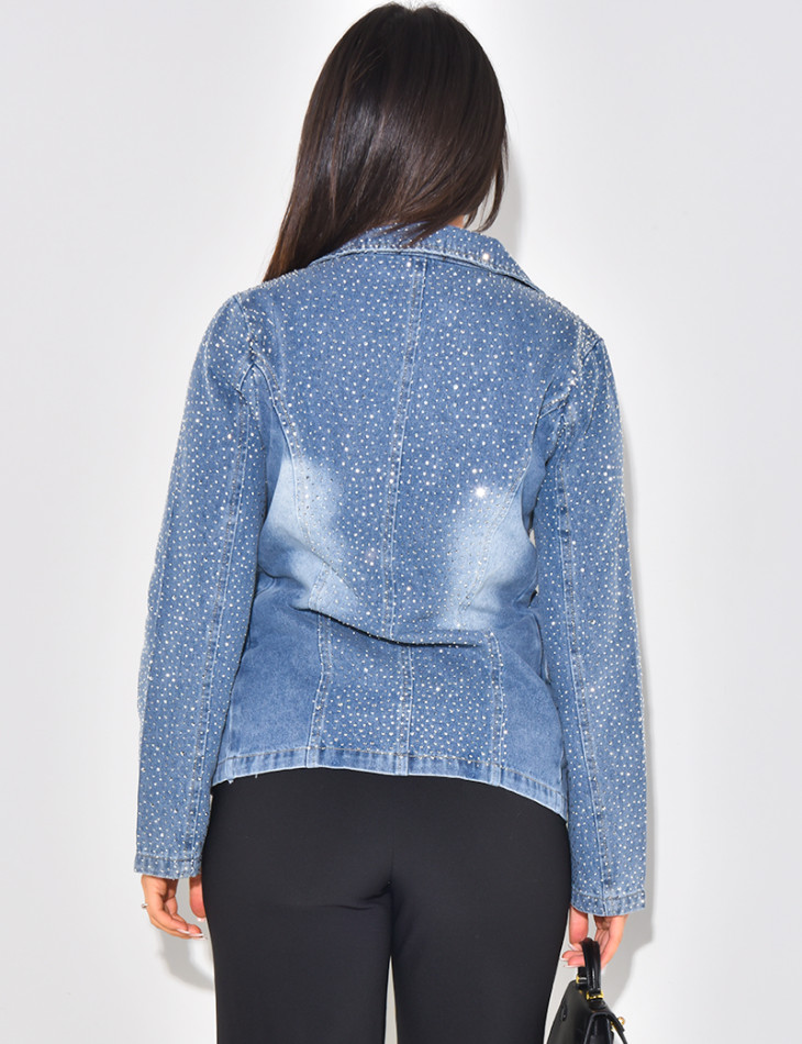 Washed jeans blazer with rhinestones