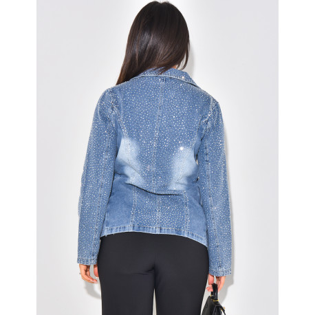 Washed jeans blazer with rhinestones