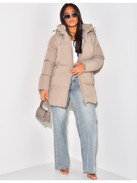 Quilted, hooded, mid-length down jacket