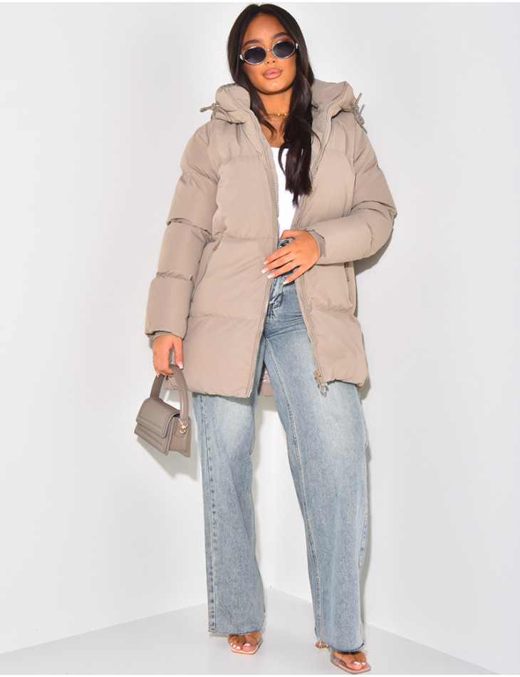 Quilted, hooded, mid-length down jacket