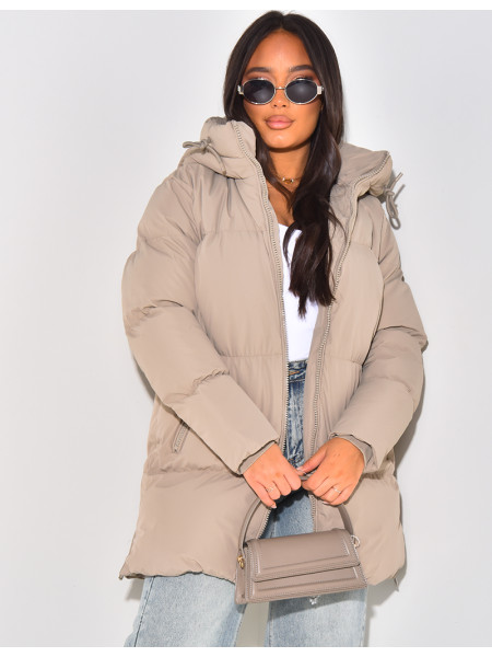 Quilted, hooded, mid-length down jacket