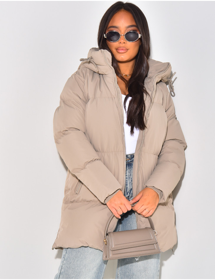Quilted, hooded, mid-length down jacket