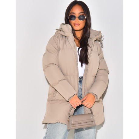 Quilted, hooded, mid-length down jacket