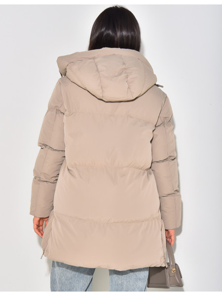 Quilted, hooded, mid-length down jacket