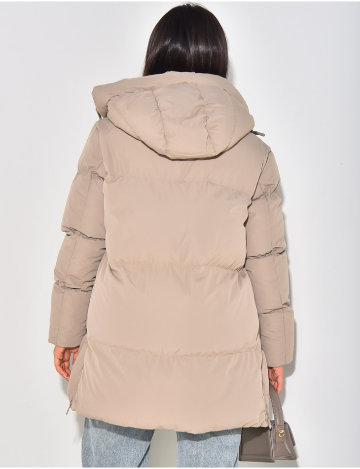 Quilted, hooded, mid-length down jacket