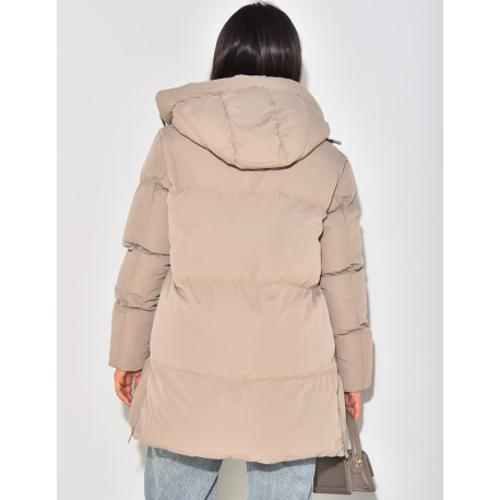 Quilted, hooded, mid-length down jacket