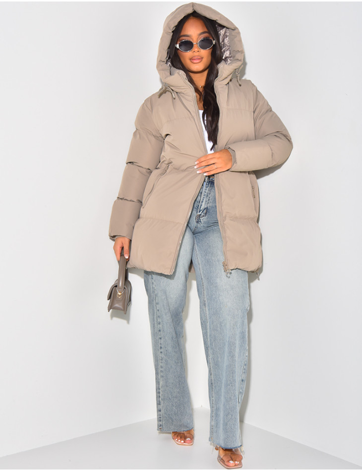 Quilted, hooded, mid-length down jacket