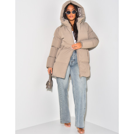Quilted, hooded, mid-length down jacket
