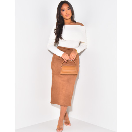 Hochtaillierter, langer Rock aus Wildleder