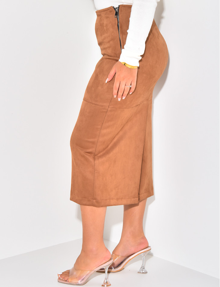 Hochtaillierter, langer Rock aus Wildleder