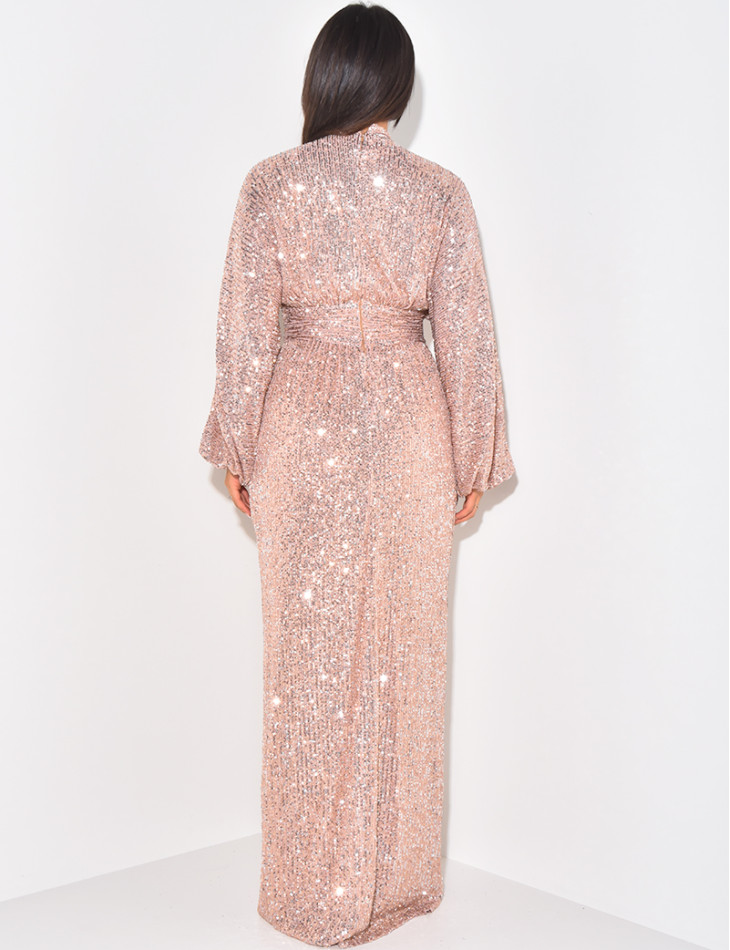 Langes Kleid mit Stehkragen und Pailletten