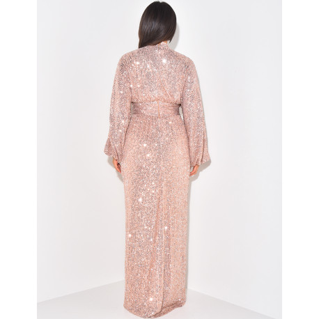Langes Kleid mit Stehkragen und Pailletten