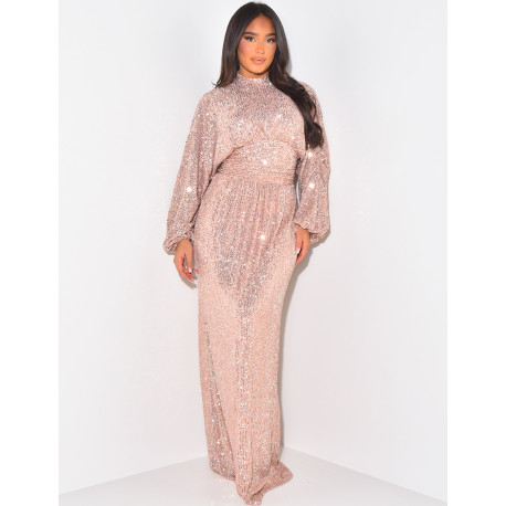 Langes Kleid mit Stehkragen und Pailletten