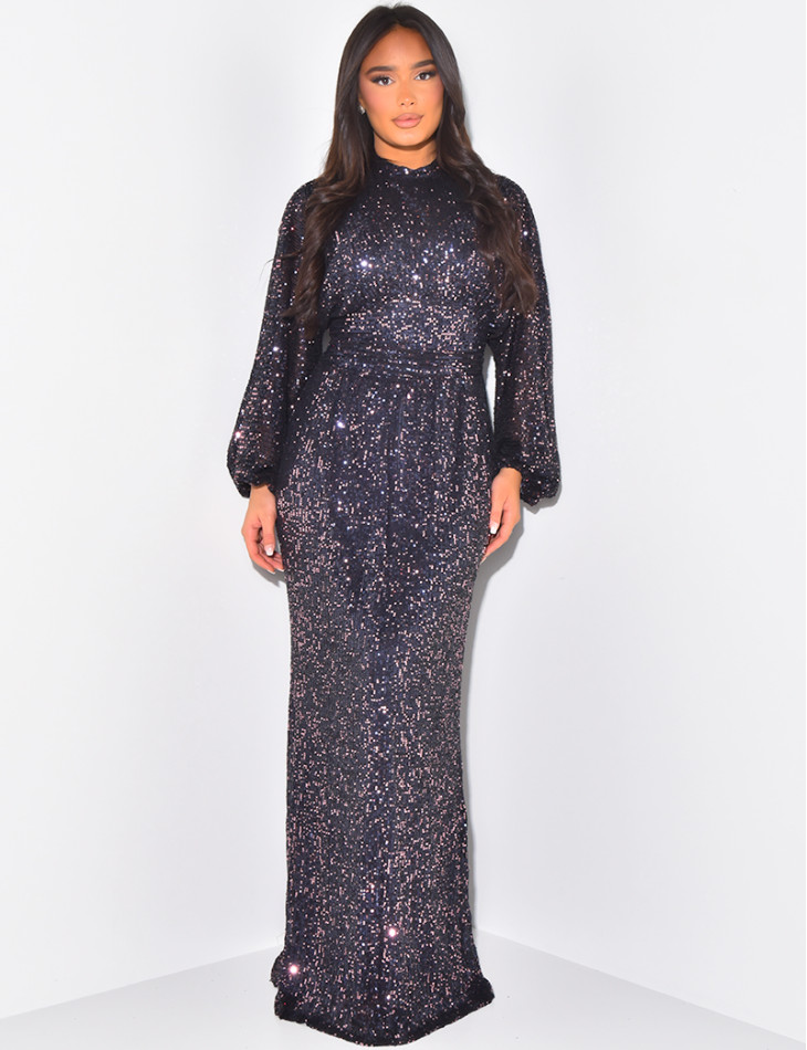 Robe longue col montant en sequins