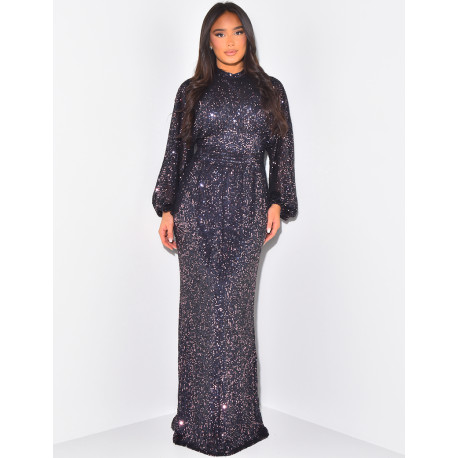 Robe longue col montant en sequins