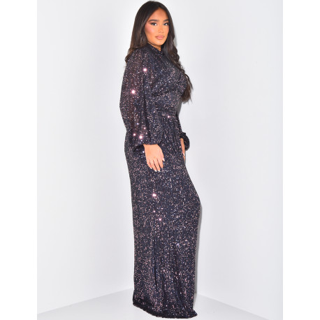 Robe longue col montant en sequins
