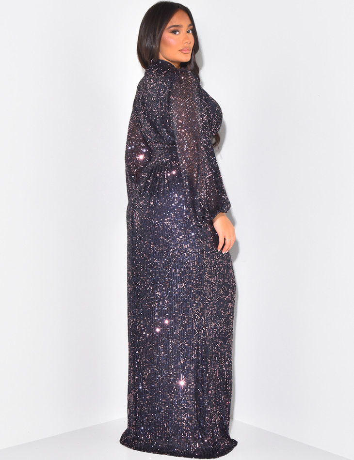 Robe longue col montant en sequins