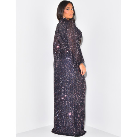 Robe longue col montant en sequins
