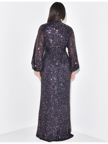 Robe longue col montant en sequins
