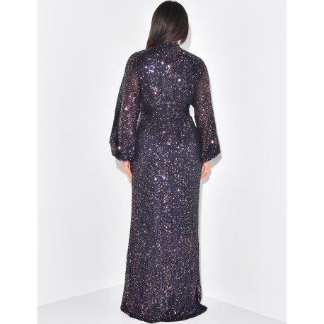 Robe longue col montant en sequins