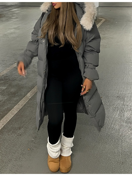 Long down jacket with fur hood