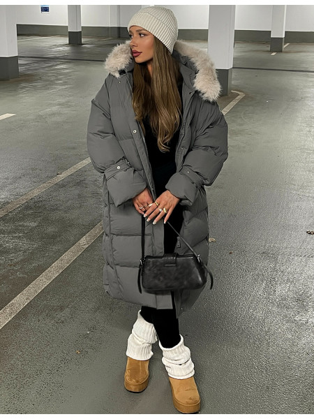 Long down jacket with fur hood