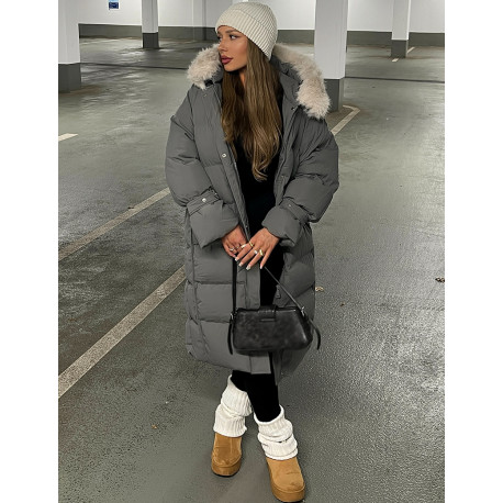 Long down jacket with fur hood