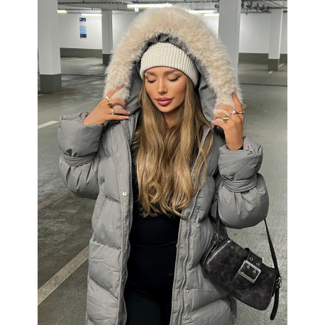 Long down jacket with fur hood