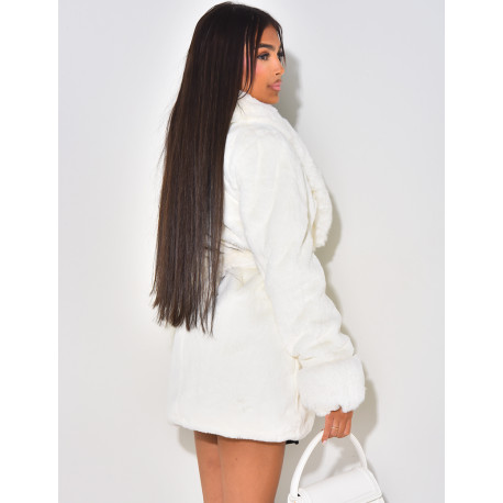 Faux fur jacket with collar and belt
