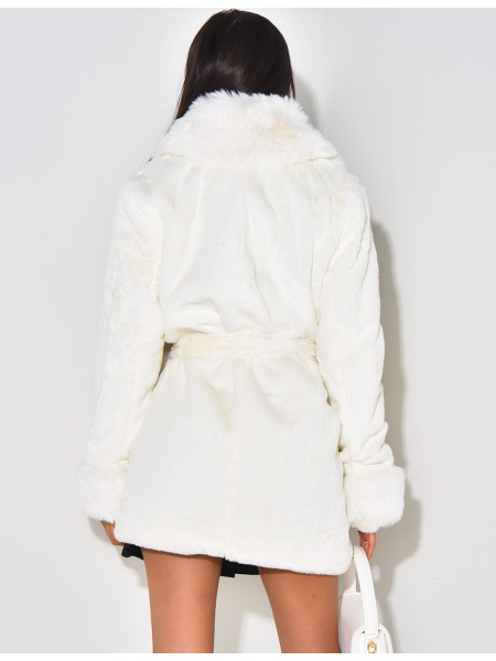 Faux fur jacket with collar and belt