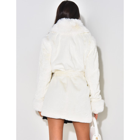 Faux fur jacket with collar and belt