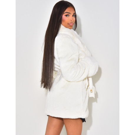 Faux fur jacket with collar and belt