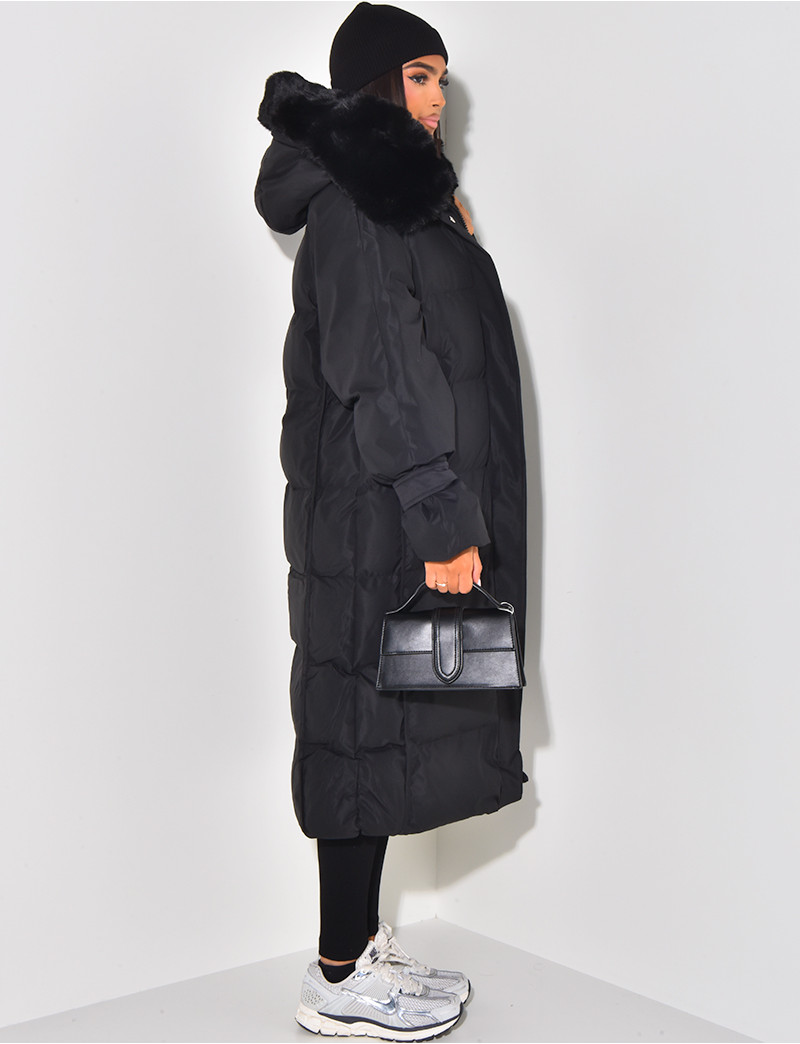 Long Puffer Jacket with Faux Fur-lined hood