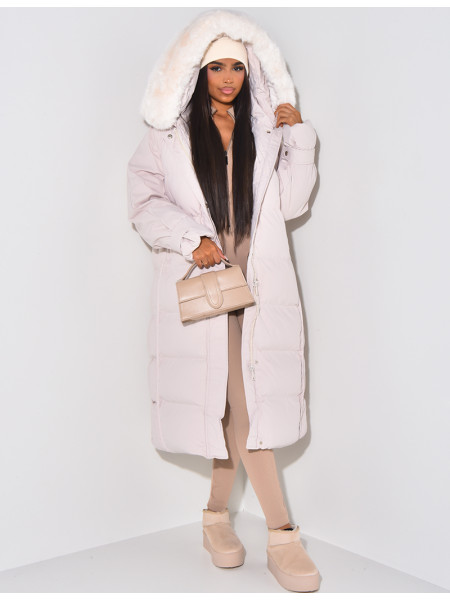 Long Puffer Jacket with Faux Fur-lined hood