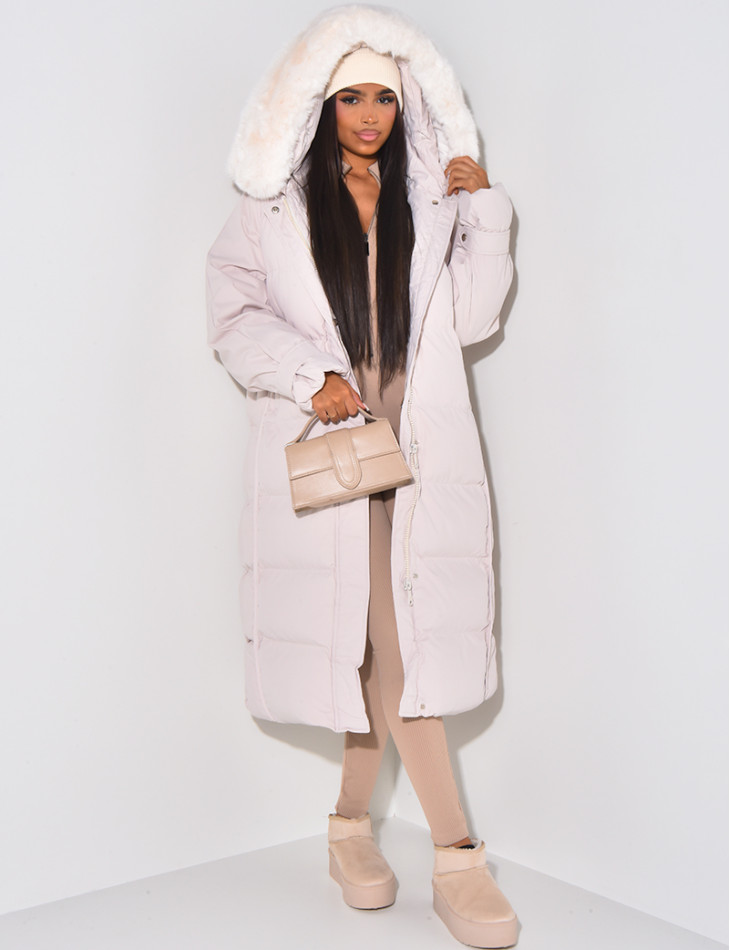 Long Puffer Jacket with Faux Fur-lined hood
