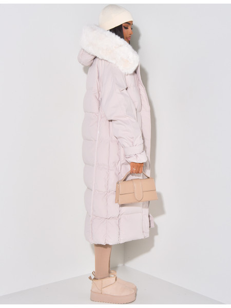 Long Puffer Jacket with Faux Fur-lined hood