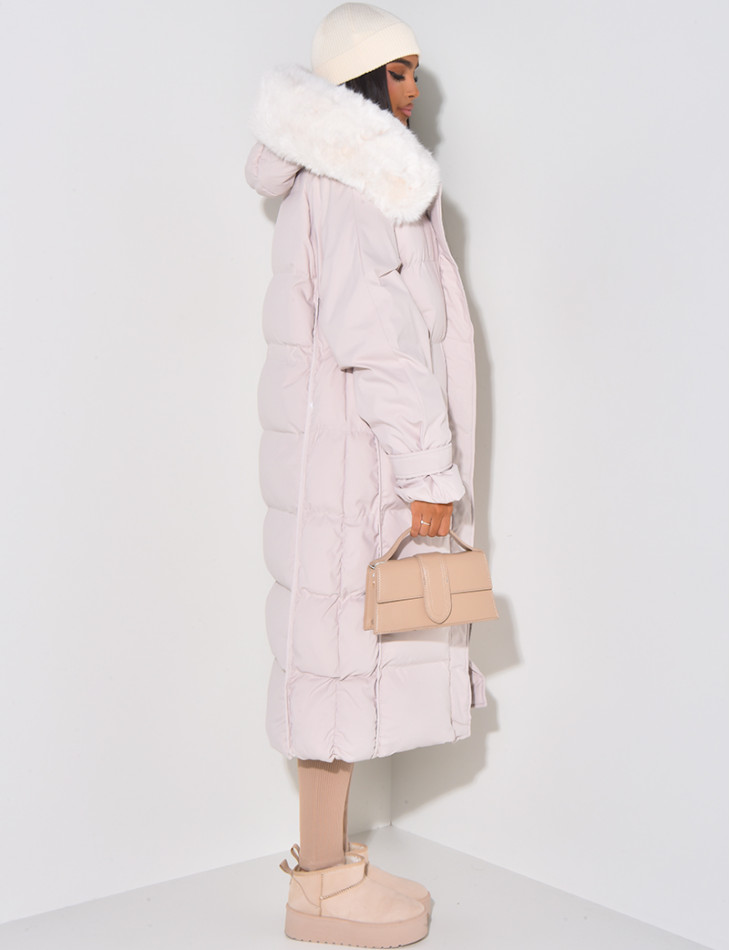 Long Puffer Jacket with Faux Fur-lined hood