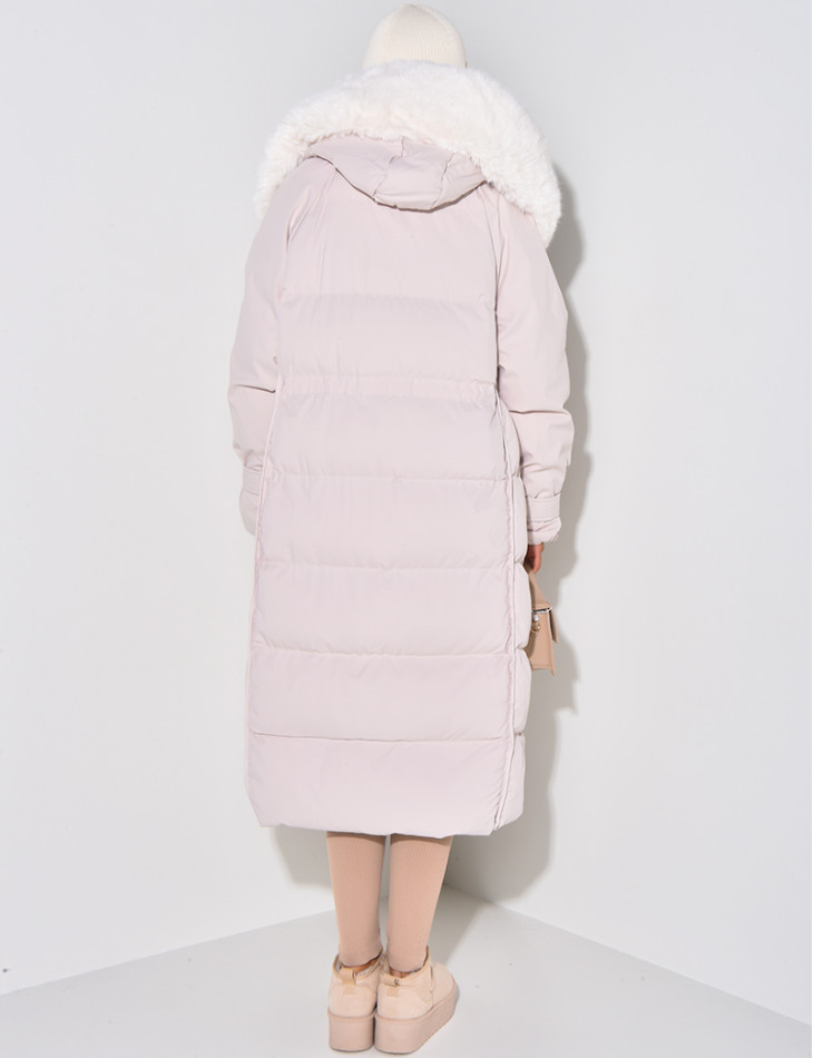 Long Puffer Jacket with Faux Fur-lined hood