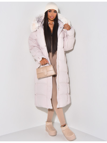 Long Puffer Jacket with Faux Fur-lined hood