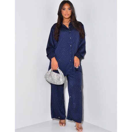 Fluid set shirt and pants with rhinestones