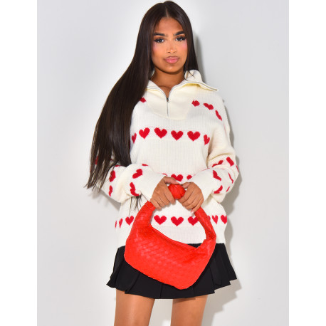 Pull en laine avec col à zip et motifs coeurs