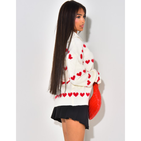 Pull en laine avec col à zip et motifs coeurs