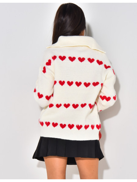 Pull en laine avec col à zip et motifs coeurs
