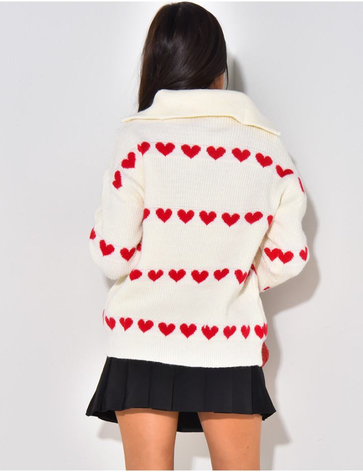 Pull en laine avec col à zip et motifs coeurs