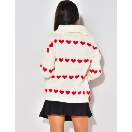 Pull en laine avec col à zip et motifs coeurs