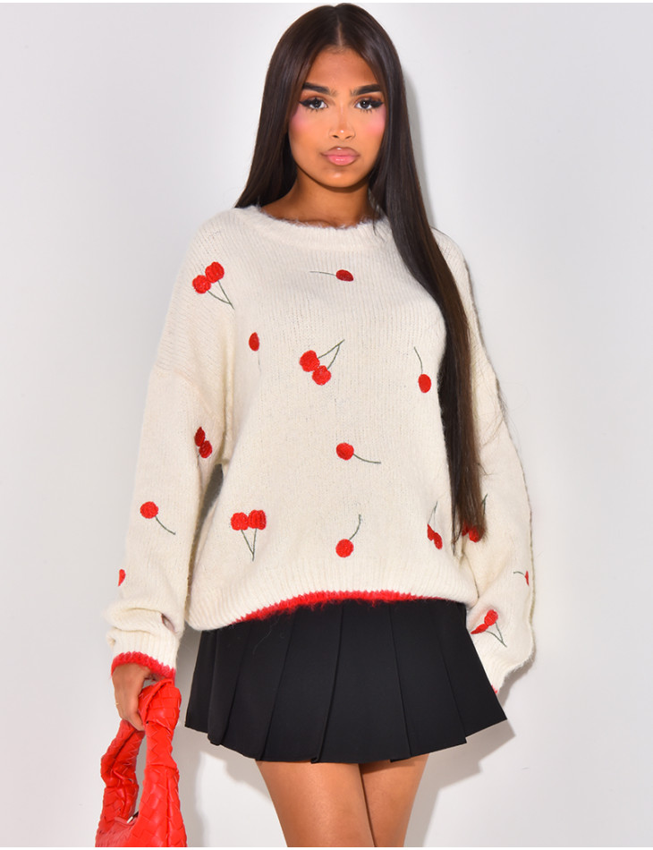 Lockerer Pullover aus Wolle mit Kirschmuster